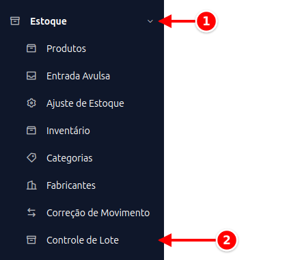 Menu lateral com Estoque e Controle de Lote numerados de 1 a 2