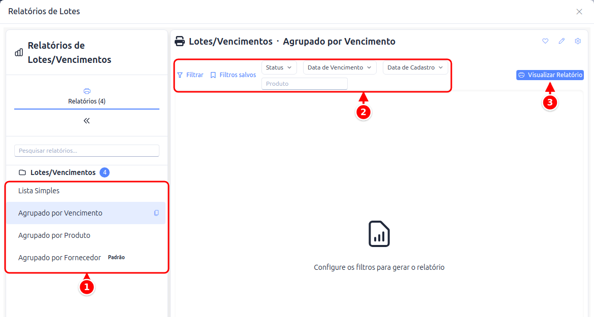 Janela Relatórios de Lotes com a lista de relatórios, a barra de filtros e o botão Visualizar Relatório numerados de 1 a 3