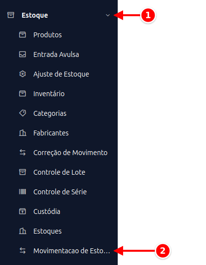 Menu lateral com Estoque e Movimentação de Estoque numerados de 1 a 2