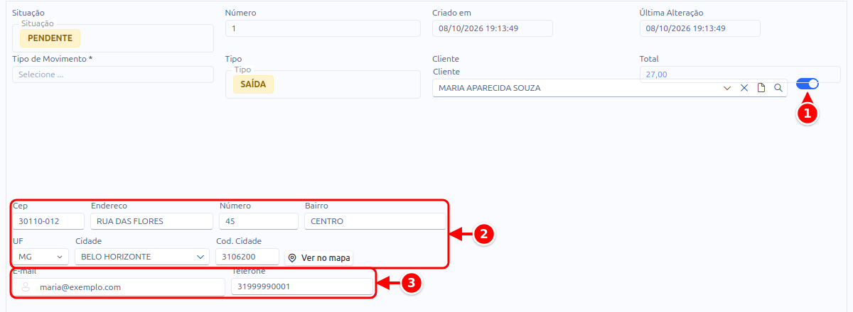 Dados do cliente abertos, com o botão, o endereço e os campos de e-mail e telefone numerados de 1 a 3