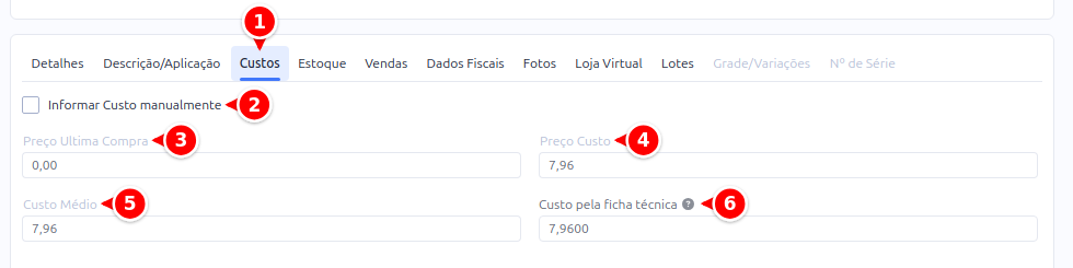 Aba Custos do produto com a opção Informar Custo manualmente e os campos de custo, numerados de 1 a 6