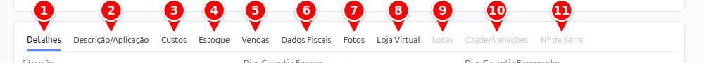 Abas do cadastro de produto numeradas de 1 a 11