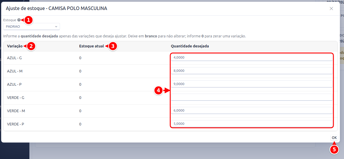Ajuste de estoque de um produto com grade, com Estoque, as colunas Variação, Estoque atual e Quantidade desejada e o botão OK numerados de 1 a 5