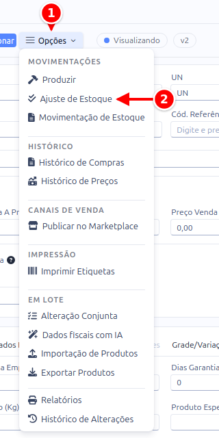 Menu Opções do produto com a opção Ajuste de Estoque, numerados de 1 a 2