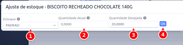 Janela de ajuste de estoque de um produto sem grade, com Estoque, Quantidade Atual, Quantidade Desejada e OK numerados de 1 a 4