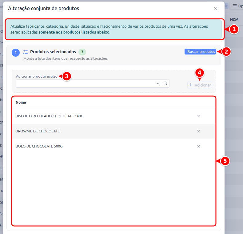 Janela Alteração conjunta de produtos com o aviso, o botão Buscar produtos, o campo de produto avulso e a lista de produtos selecionados numerados de 1 a 5