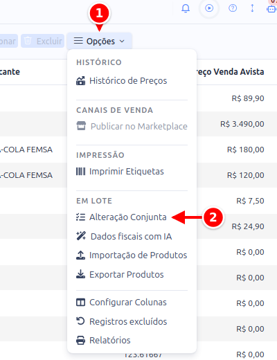 Menu Opções da lista de produtos com a opção Alteração Conjunta, numerados de 1 a 2