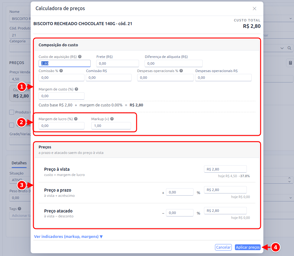 Calculadora de preços com a composição do custo, a margem de lucro e markup, os preços e o botão Aplicar preços numerados de 1 a 4