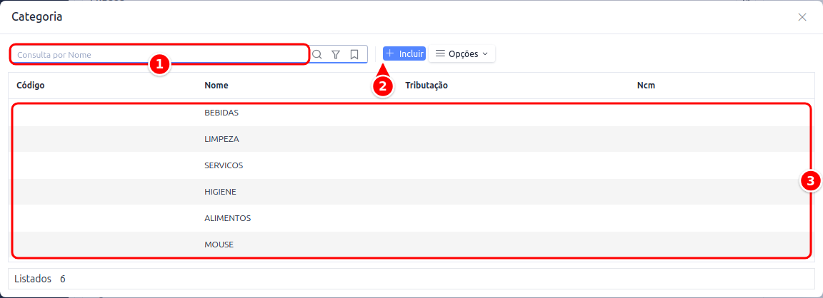 Janela de consulta de categorias com a busca, o botão Incluir e a lista de categorias numerados de 1 a 3