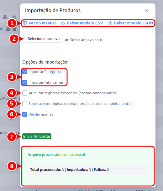 Janela Importação de Produtos com os links de ajuda e modelos, o envio do arquivo, as opções de importação, o botão Enviar/Importar e o resultado, numerados de 1 a 8