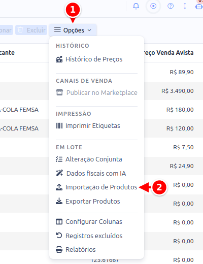 Menu Opções da lista de produtos com a opção Importação de Produtos, numerados de 1 a 2