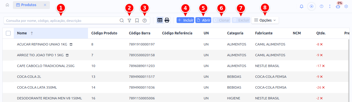 Listagem de produtos com a busca, os ícones de filtro e de ajuda e os botões Incluir, Abrir, Clonar, Excluir e Opções numerados de 1 a 8