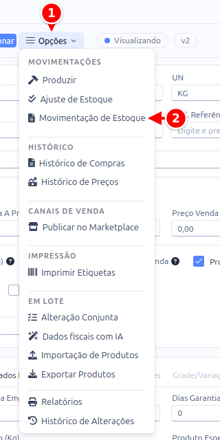 Menu Opções do produto com a opção Movimentação de Estoque, numerados de 1 a 2