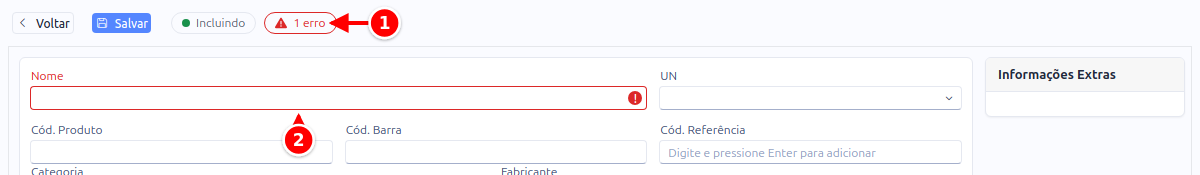 Topo do cadastro com o indicador 1 erro e o campo Nome destacado em vermelho, numerados de 1 a 2
