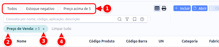 Atalhos fixados no topo da listagem e etiqueta do filtro aplicado, com o botão de remover e a opção Limpar tudo, numerados de 1 a 4