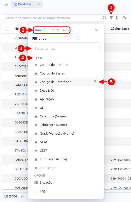 Painel de filtros aberto na aba Guiado, com o funil, as abas, a busca de campo, os grupos de campos e o alfinete numerados de 1 a 5