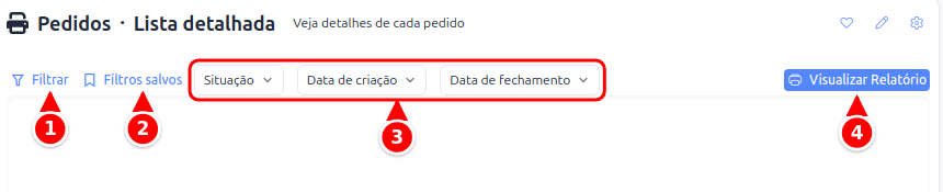 Tela de relatório com a barra de filtros, os filtros salvos, os campos de filtro e o botão Visualizar Relatório numerados de 1 a 4