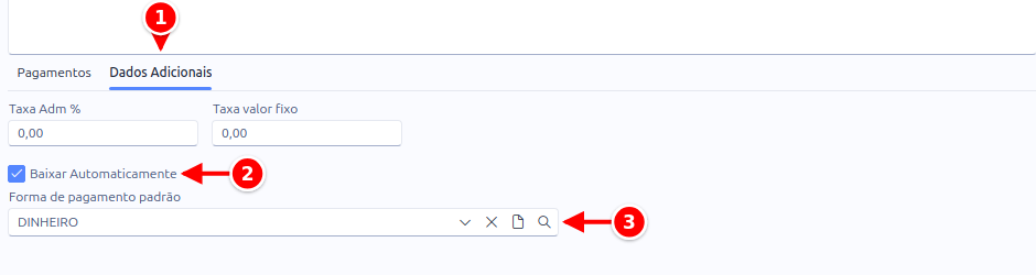 Aba Dados Adicionais da conta, com a opção Baixar Automaticamente marcada e a forma de pagamento padrão numeradas de 1 a 3