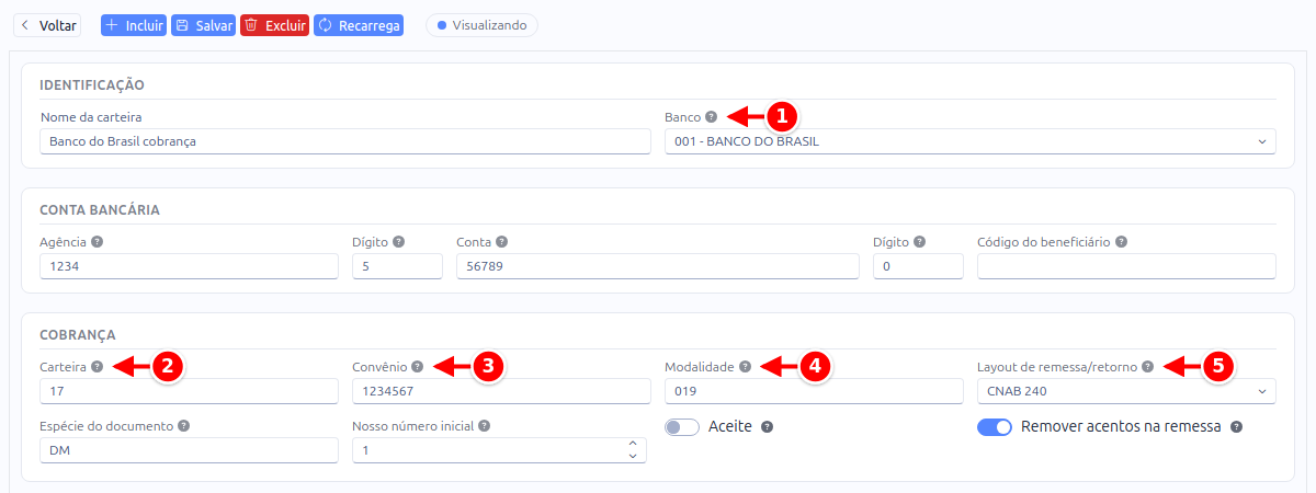 Cadastro de uma carteira do Banco do Brasil com o banco, a carteira, o convênio, a modalidade e o layout numerados de 1 a 5