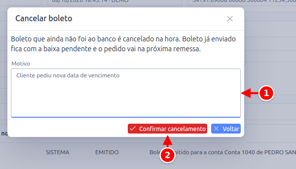 Janela Cancelar boleto com o campo Motivo e o botão Confirmar cancelamento numerados de 1 a 2