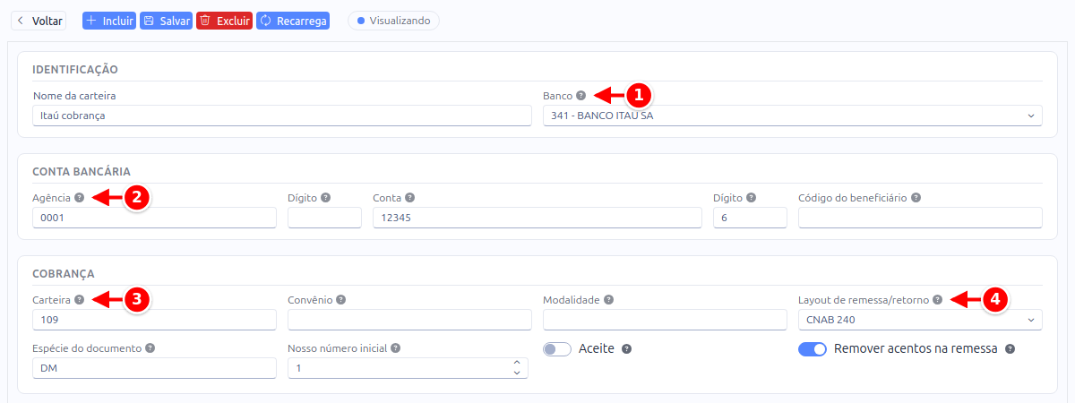 Cadastro da carteira de cobrança com o banco, a agência, a carteira e o layout de remessa e retorno numerados de 1 a 4
