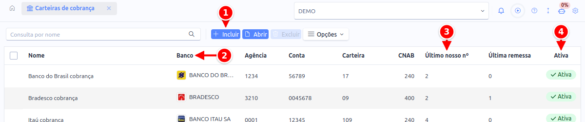 Listagem de carteiras de cobrança com o botão Incluir e as colunas Banco, Último nosso nº e Ativa numerados de 1 a 4