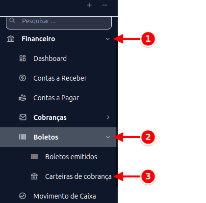 Menu lateral com Financeiro, Boletos e Carteiras de cobrança numerados de 1 a 3