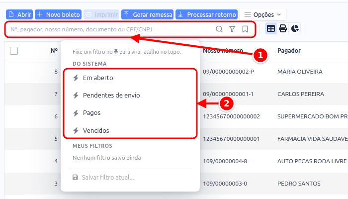 Listagem de boletos com a busca e a lista de filtros prontos numeradas de 1 a 2