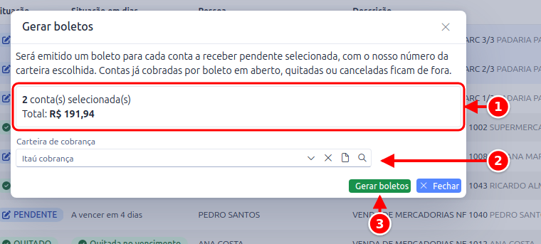 Janela Gerar boletos com a quantidade de contas, a carteira de cobrança e o botão Gerar boletos numerados de 1 a 3