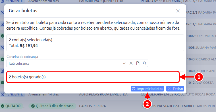 Janela Gerar boletos depois da emissão, com a quantidade de boletos gerados e o botão Imprimir boletos numerados de 1 a 2