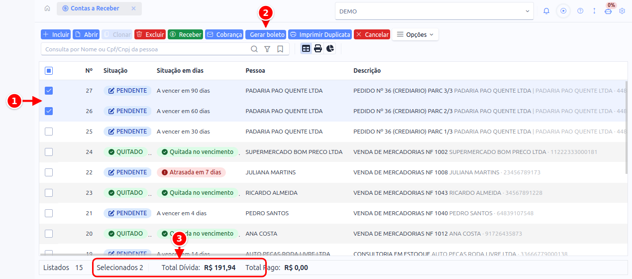 Contas a Receber com duas contas marcadas, o botão Gerar boleto e o total das marcadas no rodapé numerados de 1 a 3