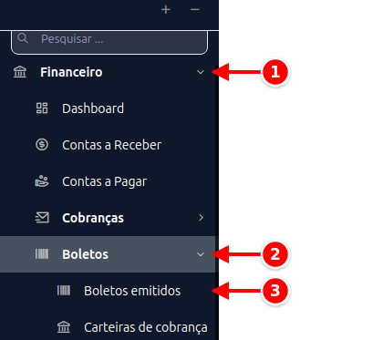 Menu lateral com Financeiro, Boletos e Boletos emitidos numerados de 1 a 3