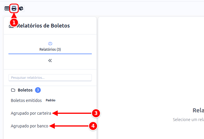 Relatórios de Boletos com os três ícones do alto, o de impressora destacado, e a lista de relatórios disponíveis numerados de 1 a 4