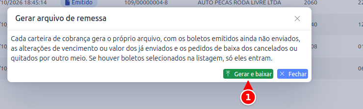 Janela Gerar arquivo de remessa com o botão Gerar e baixar
