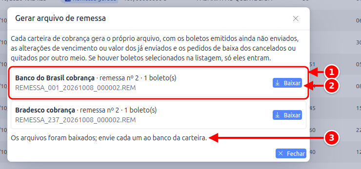 Janela Gerar arquivo de remessa depois de gerar, com o arquivo de cada carteira, o botão Baixar e o aviso de envio ao banco numerados de 1 a 3