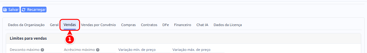 Abas da Configuração com a aba Vendas numerada como 1