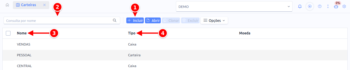 Listagem de Carteiras com o botão Incluir, a busca e as colunas Nome e Tipo numerados de 1 a 4