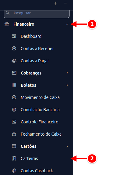 Menu lateral com Financeiro e Carteiras numerados de 1 a 2