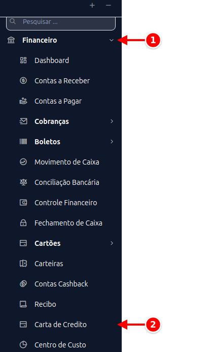 Menu lateral com Financeiro e Carta de Credito numerados de 1 a 2