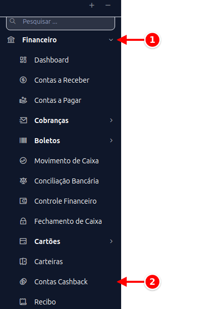 Menu lateral com Financeiro e Contas Cashback numerados de 1 a 2