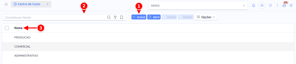 Listagem de centros de custo com o botão Incluir, a busca e a coluna Nome numerados de 1 a 3