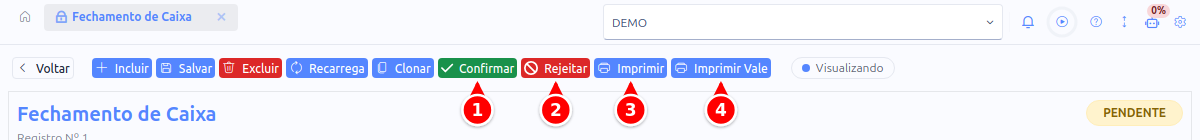 Barra de ações do fechamento com os botões Confirmar, Rejeitar, Imprimir e Imprimir Vale numerados de 1 a 4