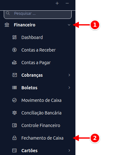 Menu lateral com Financeiro e Fechamento de Caixa numerados de 1 a 2