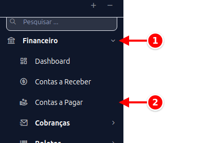 Menu lateral com Financeiro e Contas a Pagar numerados de 1 a 2