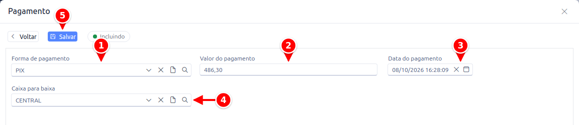 Janela Pagamento com a forma de pagamento, o valor, a data, o caixa para baixa e o botão Salvar numerados de 1 a 5