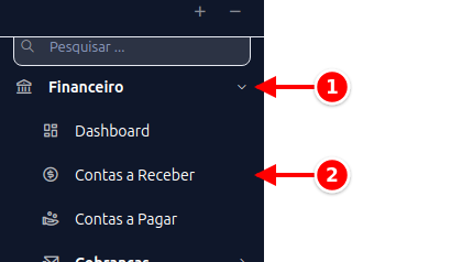 Menu lateral com Financeiro e Contas a Receber numerados de 1 a 2