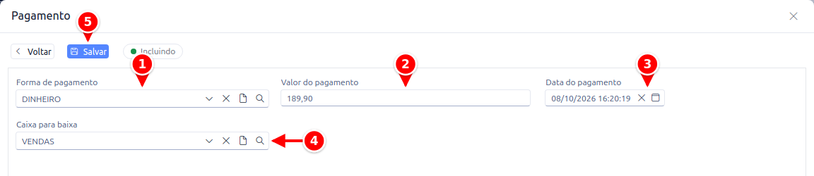 Janela Pagamento com forma de pagamento, valor, data, caixa e o botão Salvar numerados de 1 a 5
