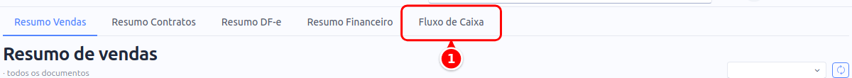 Abas da tela Início com a aba Fluxo de Caixa numerada como 1