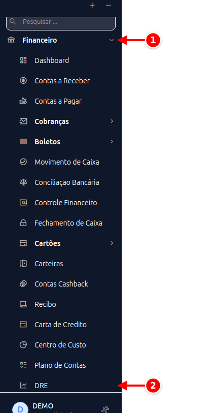 Menu lateral com Financeiro e DRE numerados de 1 a 2