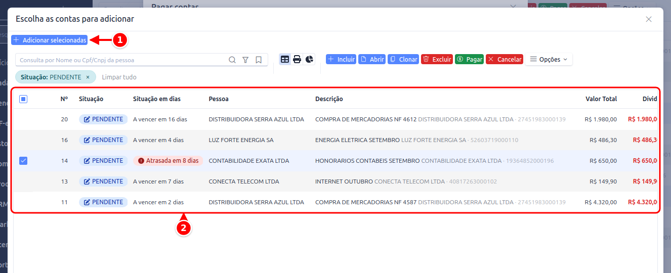 Janela Escolha as contas para adicionar com o botão Adicionar selecionadas e a lista de contas pendentes numerados de 1 a 2